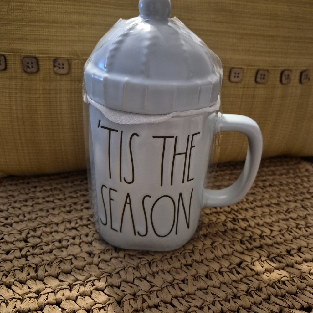 Rae Dunn 2 Sided Light Blue Mug with Lid -